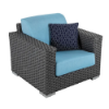 Highland Gray wicker outdoor patio lounge chair with sky blue cushions and decorative pillow