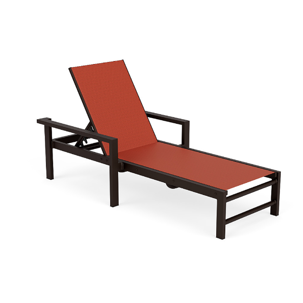 Urban aluminum sling chaise lounge with arms featuring orange sling fabric, dark frame, and adjustable backrest