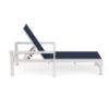 Side view of Urban aluminum sling chaise lounge with arms featuring navy sling fabric and white aluminum frame