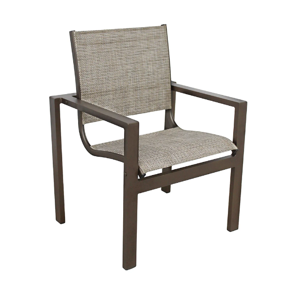Urban stackable aluminum double sling patio dining chair with neutral sling fabric and brown frame