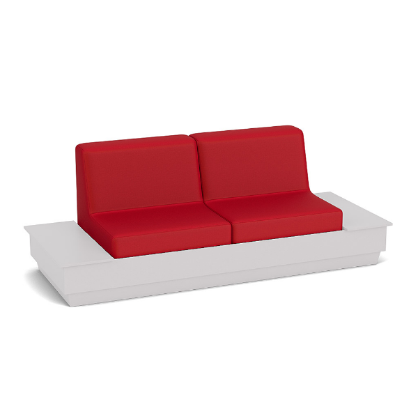 Elevate MGP cushioned commercial patio sofa with white frame, red cushions and integrated side tables