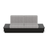 Front view of Elevate MGP commercial patio sofa with black frame, gray cushions and built-in side tables