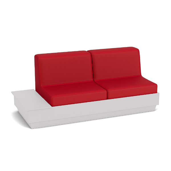 Elevate MGP cushioned commercial patio sofa with white frame, red cushions and integrated right-side table