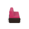 Side view of Elevate MGP cushioned commercial patio sofa with walnut frame, pink cushions and right-side table
