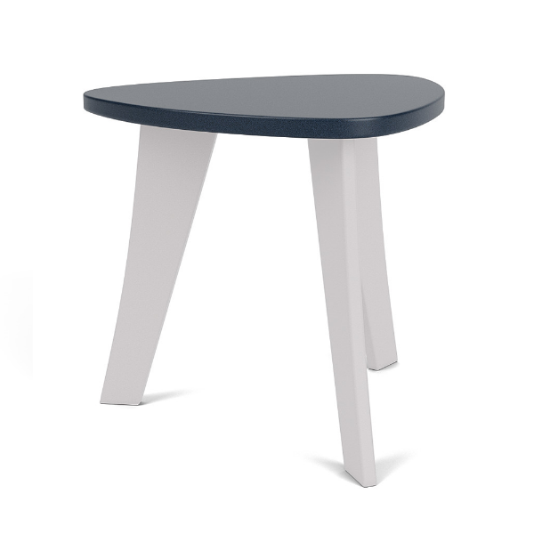 Leisure MGP modern patio side table with Navy triangular top and White frame for commercial outdoor seating