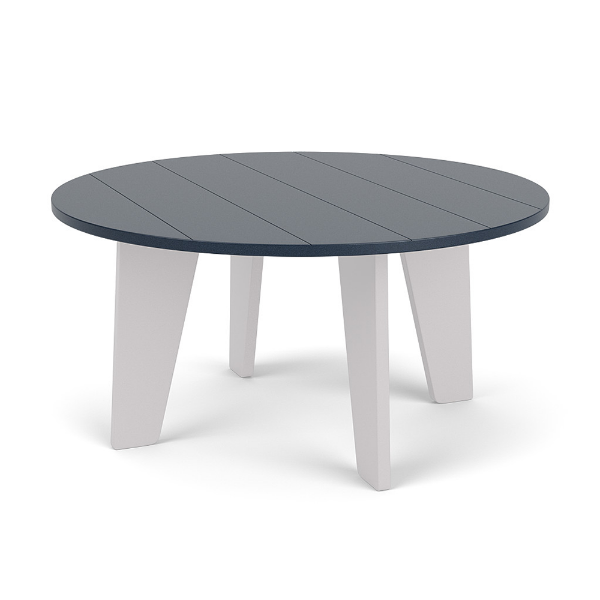 36-inch Leisure MGP round patio coffee table with Navy top and White legs for commercial poolside and outdoor lounge areas
