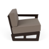 Side view of MGP Deep Seating left-arm modular patio seat with taupe cushions and Northeastern Walnut frame