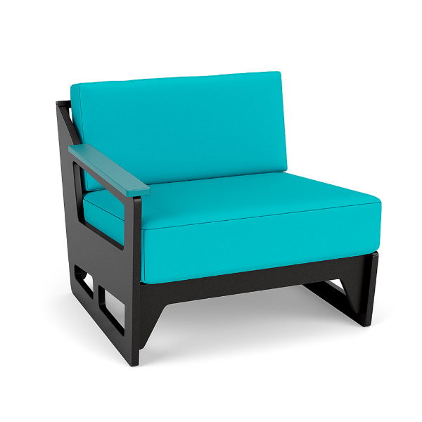 MGP Deep Seating right modular commercial patio seat with Aruba cushions, Black frame, and integrated armrest