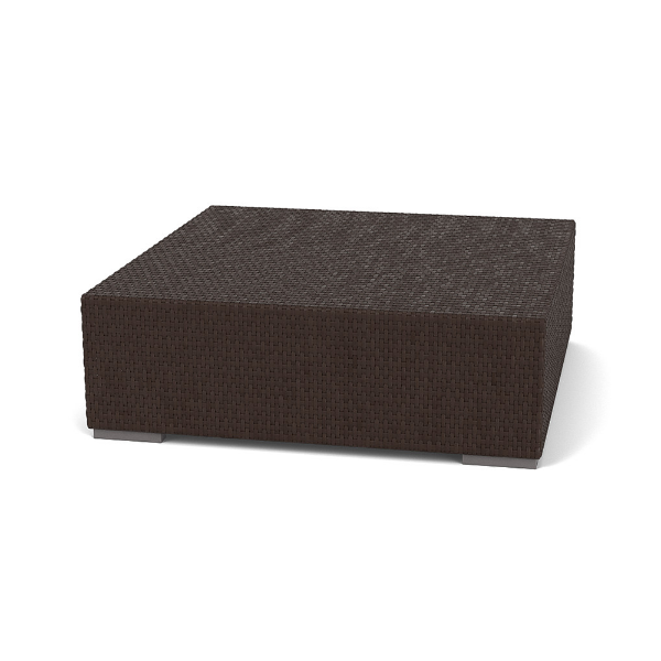 Angled view of Java Chocolate wicker commercial patio coffee table designed for outdoor conversation and lounge areas