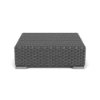 Front view of Highland Gray square commercial patio coffee table with woven wicker design and silver-tone feet