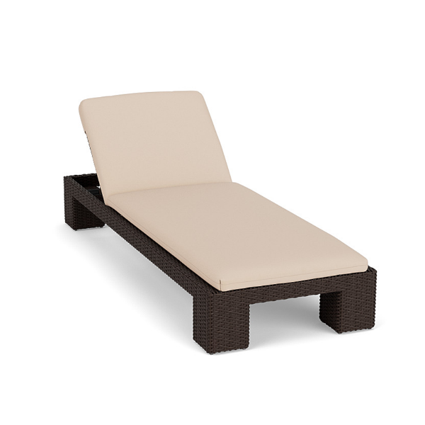 Java Chocolate wicker commercial patio chaise lounge with beige cushion shown in an angled product view