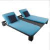 Highland Gray commercial wicker double chaise lounge with dual adjustable backrests and blue outdoor cushions