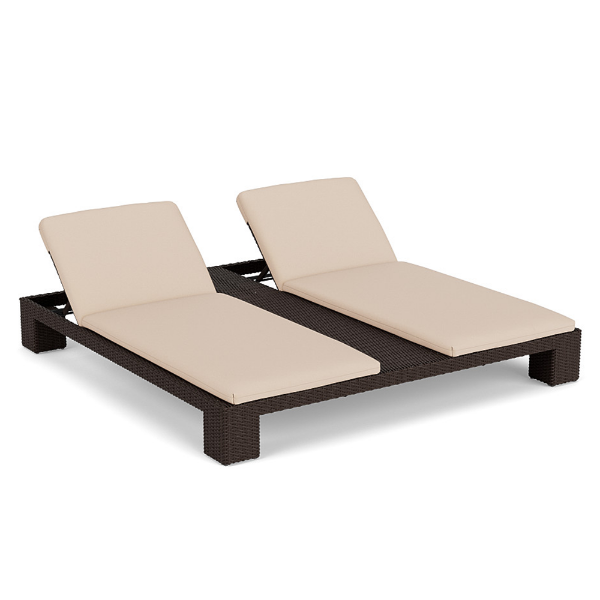 Java Chocolate wicker commercial patio double chaise lounge with beige cushions and two adjustable backrests