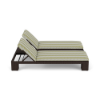 Side view of Java Chocolate commercial wicker double chaise lounge with patterned cushions and independently adjustable backrests