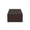 Side view of Java Chocolate wicker rectangle commercial patio coffee table with woven exterior and metal feet