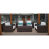 Java Chocolate wicker rectangle coffee table surrounded by cushioned commercial patio lounge chairs in an outdoor seating area