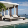 Java Chocolate wicker commercial double chaise lounge with cream cushions beside a resort-style swimming pool overlooking the ocean
