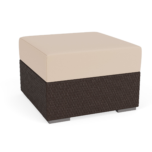 Angled view of Java Chocolate wicker commercial patio ottoman with beige cushion and woven square base