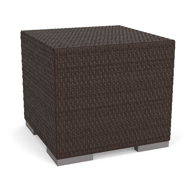 Java Chocolate wicker square commercial patio side table with woven construction and modern metal feet