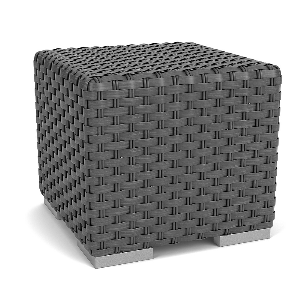 Highland Gray wicker square commercial patio side table with woven construction, rounded edges, and modern metal feet