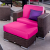 Java Chocolate wicker outdoor patio lounge chair with bright pink cushions and matching cushioned ottoman in a commercial patio setting