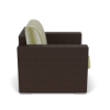 Side view of Java Chocolate wicker outdoor patio lounge chair showing woven frame, wide armrests, and patterned cushions