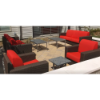 Java Chocolate wicker outdoor patio lounge chairs and sofa with red cushions arranged in a commercial outdoor seating area