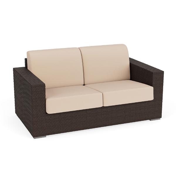 Java Chocolate wicker outdoor patio love seat with Antique Beige seat and back cushions on a white background