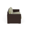 Side view of Java Chocolate wicker outdoor patio love seat showing wide woven arms and patterned seat and back cushions