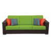 Java Chocolate wicker outdoor patio sofa with bright green cushions and colorful accent pillows