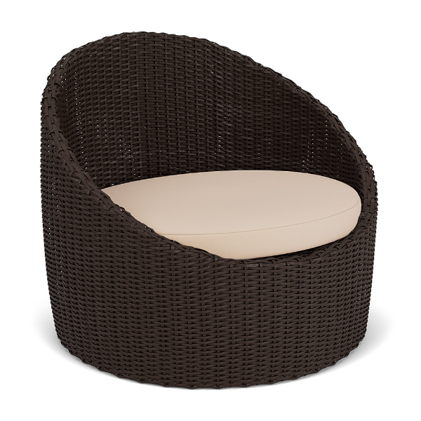 Java Chocolate wicker cushioned commercial patio barrel chair with curved back and rounded arms