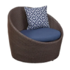 Java Chocolate wicker outdoor patio barrel chair with blue seat cushion and decorative patterned pillow