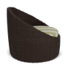 Java Chocolate wicker commercial patio barrel chair with patterned seat cushion shown from the rear side
