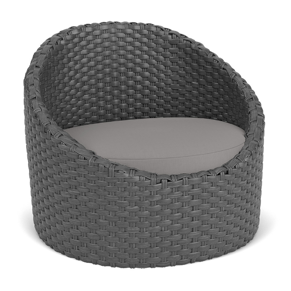 Highland Gray wicker cushioned commercial patio barrel chair with curved back, rounded arms, and gray seat cushion