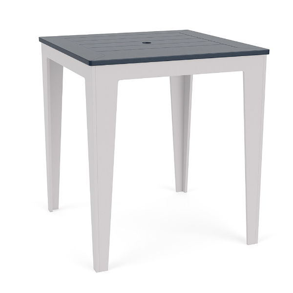 36-inch Leisure MGP square commercial patio bar table with Navy top, White frame, and umbrella hole