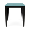 Front view of 36-inch Leisure MGP square commercial patio bar table with Aruba top, Black frame, and umbrella hole