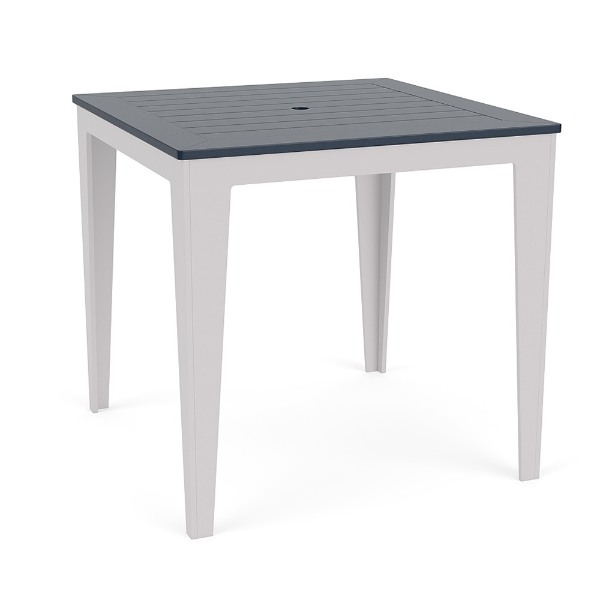 42-inch Leisure MGP square commercial patio bar table with Navy top, White frame, and center umbrella hole