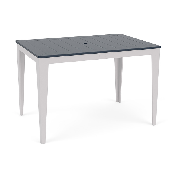 42 x 60-inch Leisure MGP rectangular commercial patio bar table with Navy top, White frame, and center umbrella hole