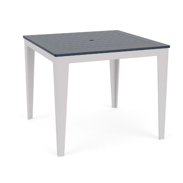 48-inch Leisure MGP square commercial patio bar table with Navy slatted top, White frame, and center umbrella hole