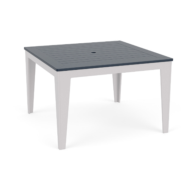 48-inch Leisure MGP square commercial patio dining table with white frame, navy slat-style top, and center umbrella hole