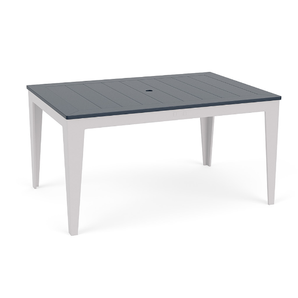 42" x 60" Leisure MGP rectangular commercial patio dining table with white frame, navy slat-style top, and center umbrella hole