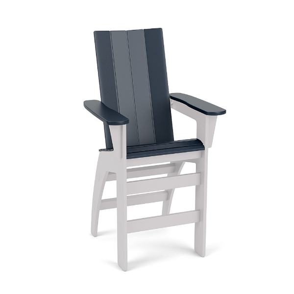 Leisure MGP modern commercial patio bar chair with white frame, navy seat, tall back, and wide armrests