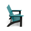 Side view of MGP modern commercial patio Adirondack love seat with black frame and Aruba seats, backs, and armrests