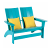 Aruba MGP modern commercial patio Adirondack love seat with tall slatted backs, wide armrests, and yellow accent pillows