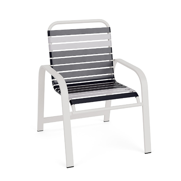 Horizon strap commercial patio dining chair with white aluminum frame and alternating navy and white vinyl straps