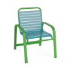 Horizon strap commercial patio dining chair with lime green aluminum frame and turquoise vinyl straps