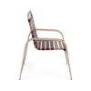 Side view of Horizon strap commercial patio dining chair with antique beige aluminum frame and camel and terracotta vinyl straps