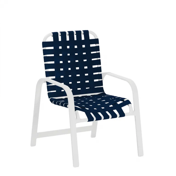 Horizon cross-weave commercial patio dining chair with white aluminum frame and navy woven vinyl straps