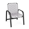 Horizon cross-weave commercial patio dining chair with textured charcoal aluminum frame and white woven vinyl straps