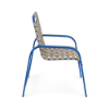 Side view of Horizon cross-weave commercial patio dining chair with marina blue aluminum frame and putty woven vinyl straps